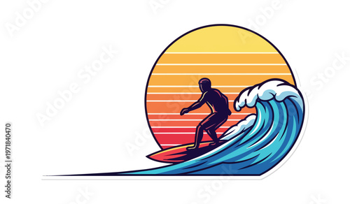 Surfer riding wave silhouette against sunset background