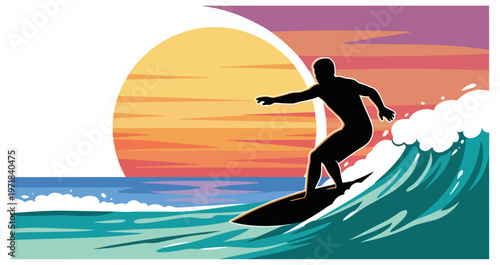 Surfer riding wave silhouette against sunset background