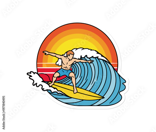Surfer riding wave sunset illustration coastal design concept