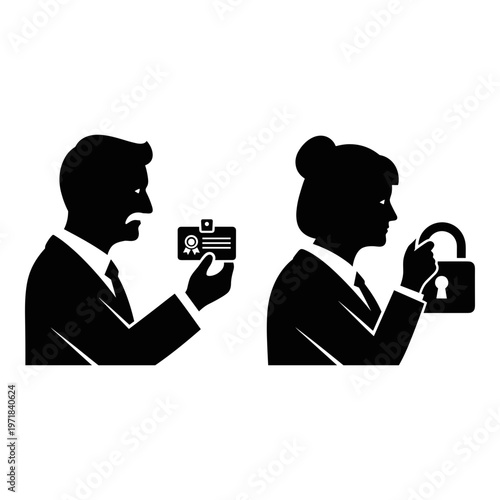 Professional exchanging credentials and security key for access Vector, illustration