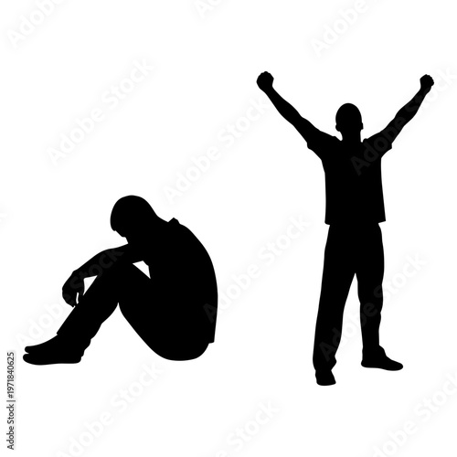 Contrast between triumph and despair depicted through silhouettes of two individuals Vector, illustration