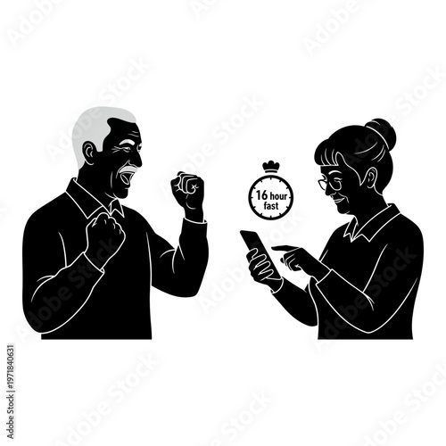 Frustrated man and woman checking a fast delivery notification Vector, illustration