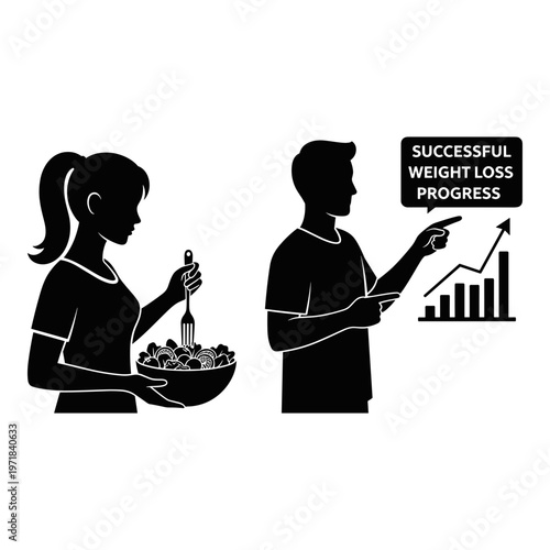 Couple discussing successful weight loss journey with healthy food and progress chart Vector, illustration