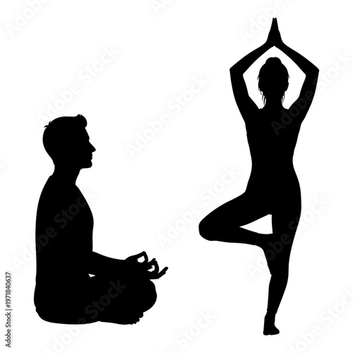 Contrast between meditation and upward salute yoga poses in silhouette form. Vector, illustration