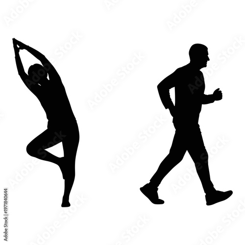 Contrast between yoga stretching and running exercise silhouettes. Vector, illustration
