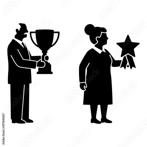 Award ceremony with trophy and star recognition symbols being presented Vector, illustration
