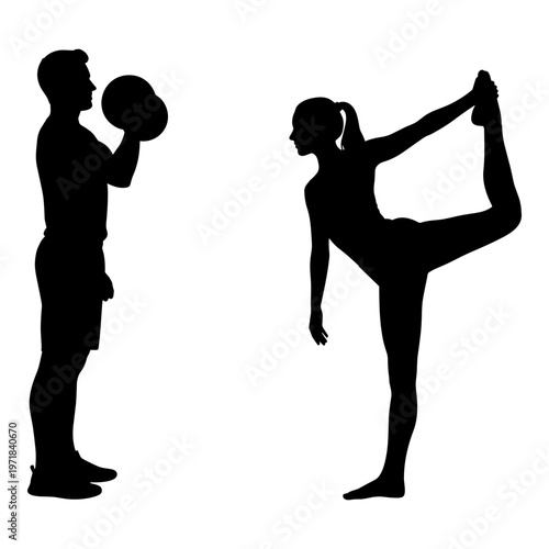 Person holding a medicine ball next to someone performing a stretching exercise Vector, illustration