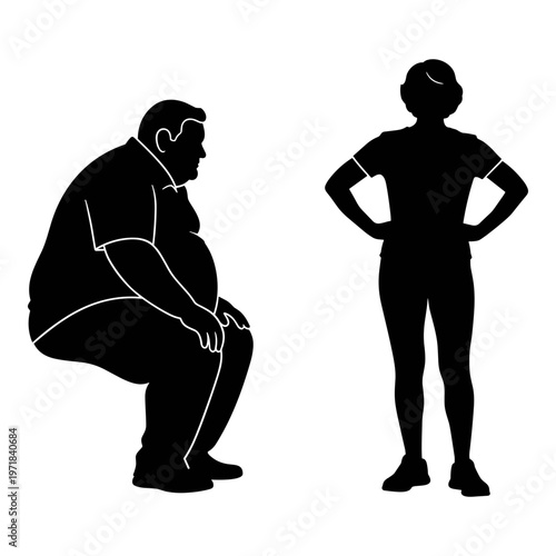 A silhouette comparison of a seated overweight person and a standing lean individual Vector, illustration