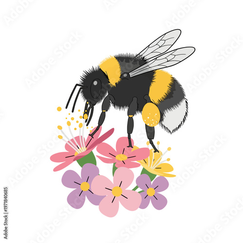 Fuzzy insect collecting pollen from colorful blooming flowers