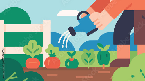 Illustration Of Watering Plants In Vegetable Garden Vector Design Template