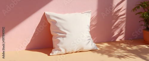 Soft white square pillow with plush texture on pink background
