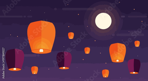 Vesak, the Day of the Full Moon celebration with floating lanterns illuminating the night sky