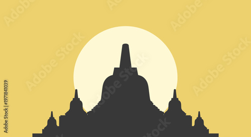 Vesak, the Day of the Full Moon - Silhouette of Borobudur Temple under a bright sun