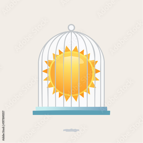 Sun trapped inside a birdcage, symbolizing confinement