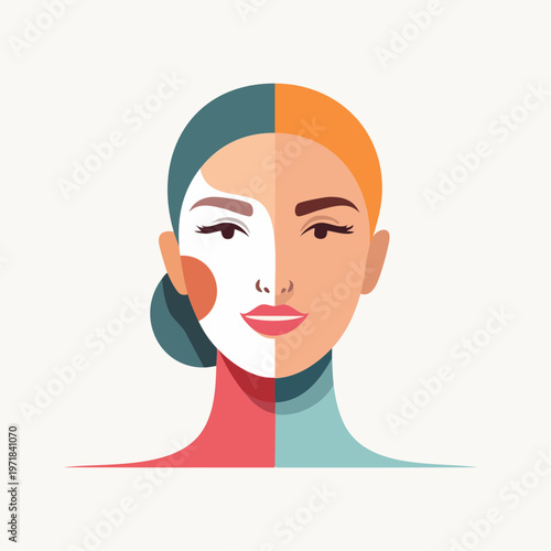 Stylized woman's face with split coloration and a slight smile with color palette face treatment skin care