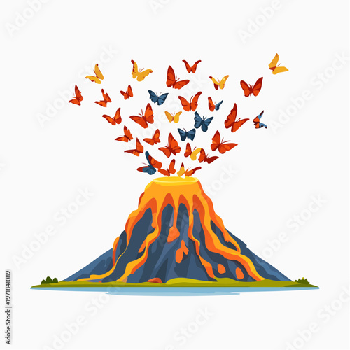 Volcano erupting with lava and a cloud of butterflies flying out