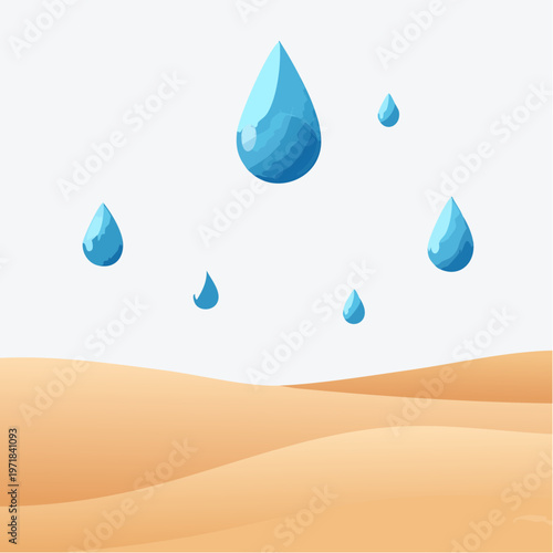 Water droplets falling over desert dunes illustration with an illustration depicting a dry, arid desert landscape