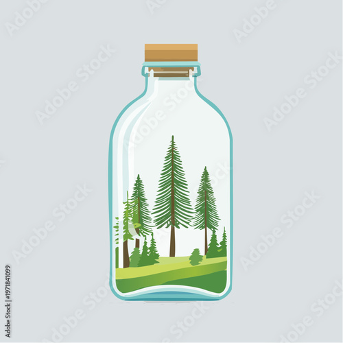 Coniferous forest inside a glass bottle illustration with the scene suggests nature preservation or containment
