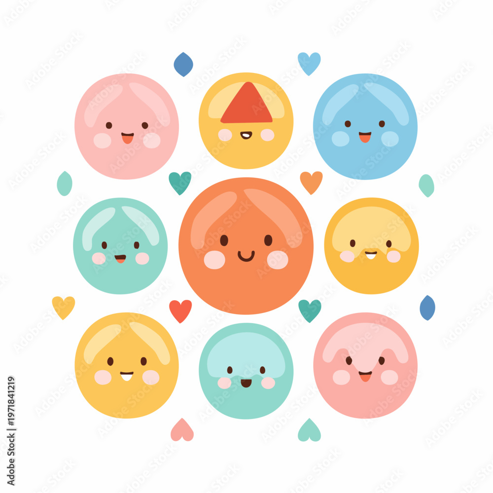 Obraz premium Circle of kawaii characters with happy faces and hearts