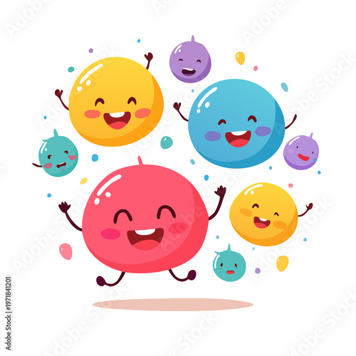 Group of happy cartoon characters with round bodies jumping and smiling with white background