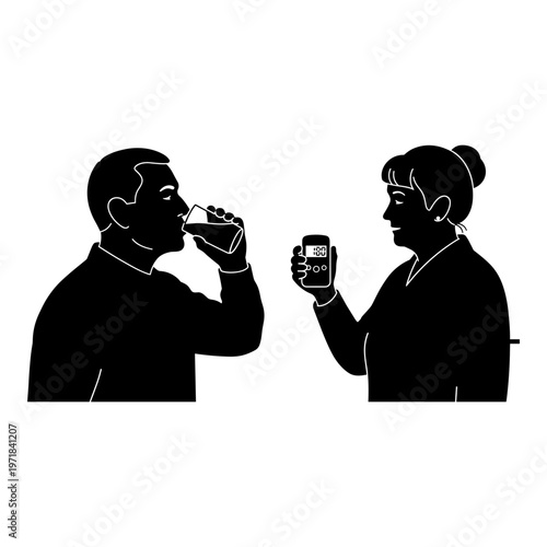 Person drinking water while another checks blood glucose levels with a glucometer Vector, illustration