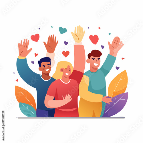 Diverse group of smiling people raising hands in celebration with hearts and leaves with raised hands blond hair