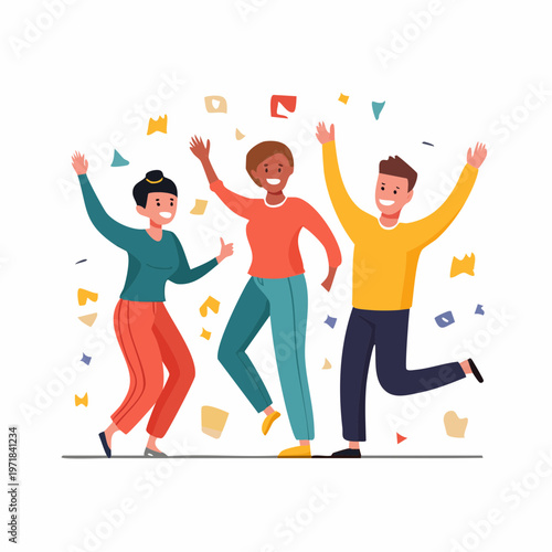 Three joyful people dancing and celebrating with colorful confetti with people group throwing confetti