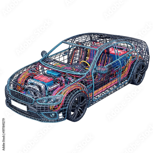 Wireframe vehicle interior and engine detail with colorful wiring