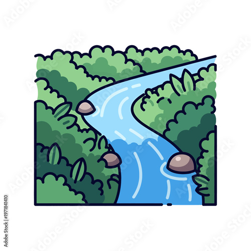 A winding stream flows through a lush green forest