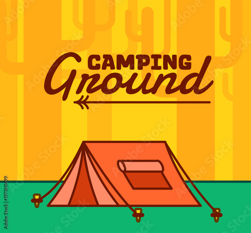 Camping ground poster with tent outdoor adventure flat illu