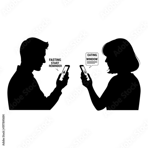 Two people checking fasting and eating window reminders on their phones Vector, illustration