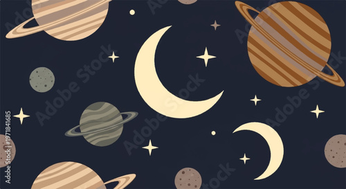 Space, celestial, planets, stars, and moons, astronomy vector illustrations, cosmic background, night sky, educational, decorative elements