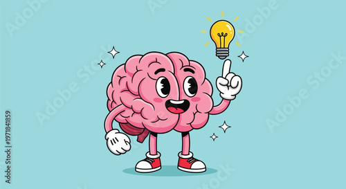 Cartoon Brain Character with Light Bulb Idea.