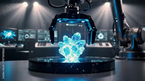 A robotic arm interacts with a glowing blue object on a circular platform in a futuristic laboratory setting with various screens and lights