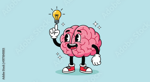 Schilderij op canvas Cartoon Brain Character with Lightbulb Idea.
