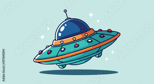 Cartoon UFO Spaceship Flying in Outer Space with Stars.