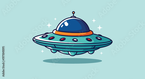 Cartoon UFO Spaceship Flying in Outer Space.