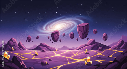 Purple galaxy landscape, cosmic scene, space background, vector illustration