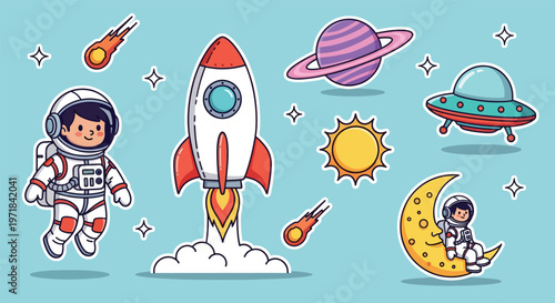 Cute Space Adventure Cartoon Elements Collection.