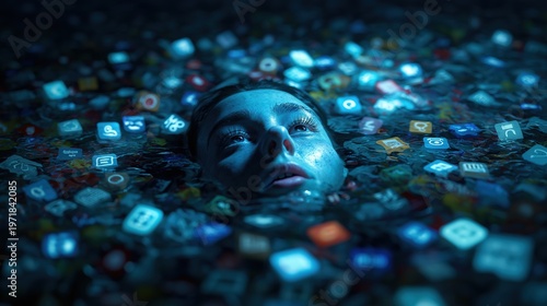 A young woman's face partially submerged in a dark sea of glowing cyan digital icons, representing information overload, social media burnout, and the drowning sensation of constant connectivity.