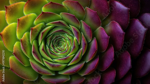 Stunning direct overhead macro shot of a vibrant succulent rosette with a perfect spiral pattern, transitioning from emerald green to deep burgundy, representing natural geometry and organic beauty.