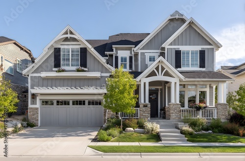 Two-story light gray craftsman style home with white trim