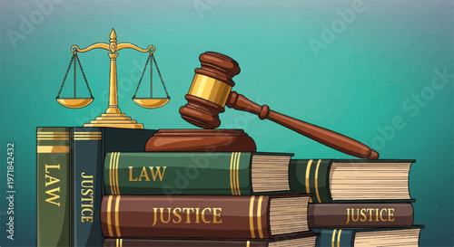 Law, justice, gavel, and scales, legal books, courtroom symbols