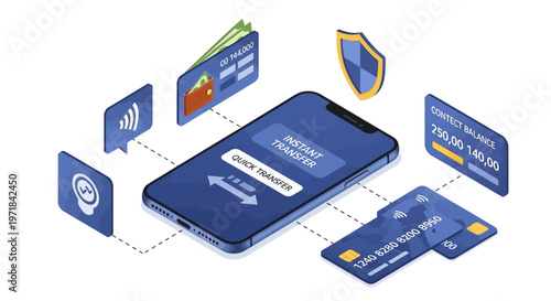 Isometric illustration of a mobile phone displaying a quick transfer screen, encircled by banking icons, credit cards, and currency, set against a clean white background with a modern