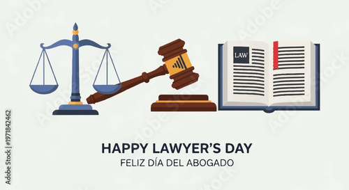 Lawyer's Day, legal icons, scales, gavel, book, attorney celebration