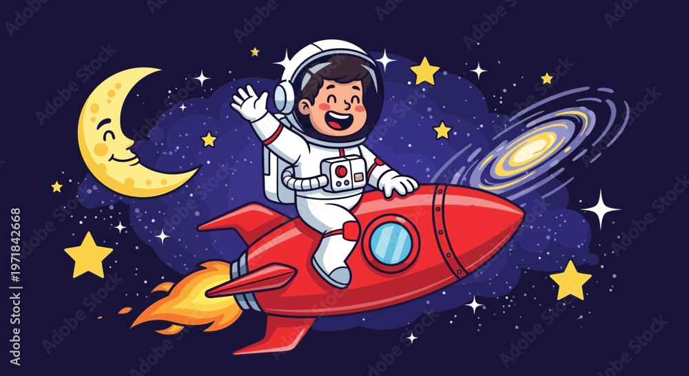 Naklejka premium Astronaut child on rocket in space with celestial elements illustration