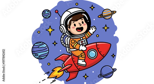 Astronaut child flying rocket through space with planets and stars vector design