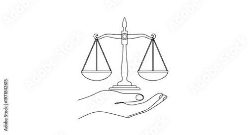 Justice, law, balance scale, hand, line art, minimalist, black and white