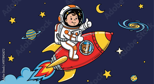 Astronaut child on rocket ship exploring space with stars and planets