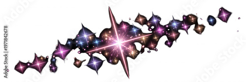 白い背景に鮮やかに描かれた、紫やピンク、青色のグラデーションが美しい幻想的な星屑と、ダイヤモンドのように輝くクリスタルの粒子が斜めに流れる、魔法の演出やファンタジーなデザインに最適なキラキラした光のイラストレーション。